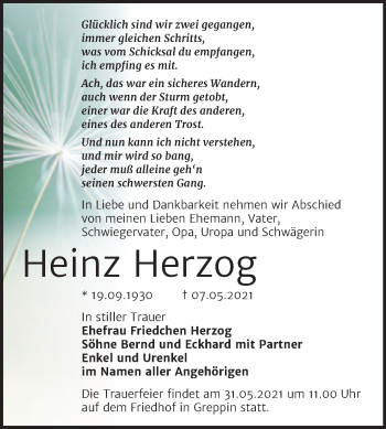 Traueranzeige von Heinz Herzog von Mitteldeutsche Zeitung Bitterfeld