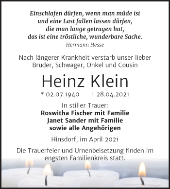 Traueranzeige von Heinz Klein von Trauerkombi Köthen