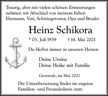 Traueranzeige von Heinz Schikora von Trauerkombi Quedlinburg