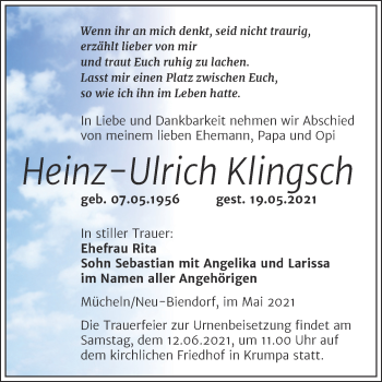 Traueranzeige von Heinz-Ulrich Klingsch von Trauerkombi Merseburg