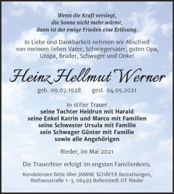 Traueranzeige von Heinz Hellmut Werner von Trauerkombi Quedlinburg