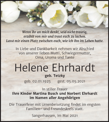 Traueranzeige von Helene Ehrhardt von Trauerkombi Sangerhausen
