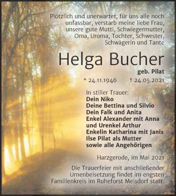 Traueranzeige von Helga Bucher von Trauerkombi Quedlinburg