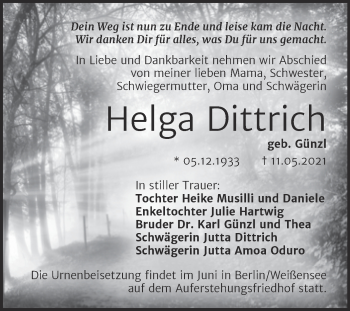 Traueranzeige von Helga Dittrich von Trauerkombi Bernburg