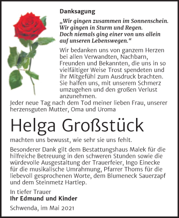 Traueranzeige von Helga Großstück von Trauerkombi Sangerhausen