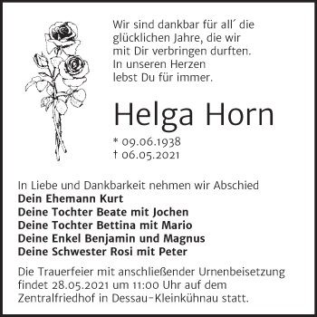 Traueranzeige von Helga Horn von Trauerkombi Dessau