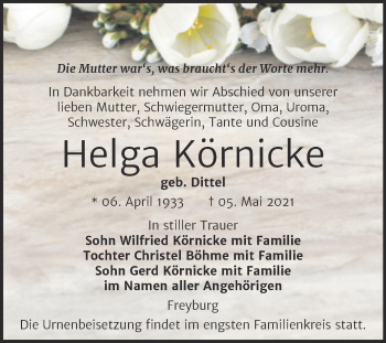 Traueranzeige von Helga Körnicke von Wochenspiegel Naumburg/Nebra
