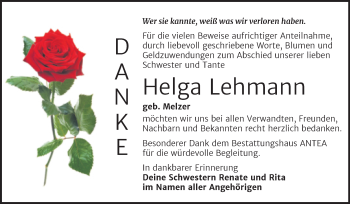 Traueranzeige von Helga Lehmann von Trauerkombi Zeitz