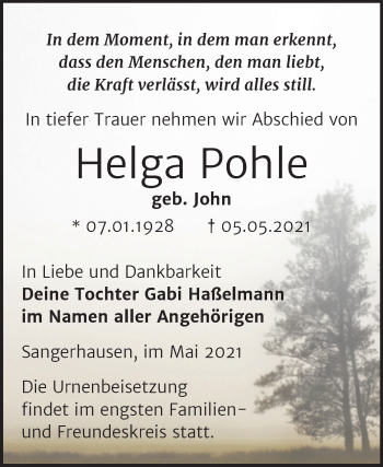 Traueranzeige von Helga Pohle von Trauerkombi Sangerhausen