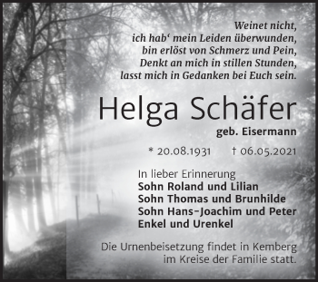 Traueranzeige von Helga Schäfer von Trauerkombi Wittenberg