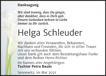 Traueranzeige von Helga Schleuder von Mitteldeutsche Zeitung Halle/Saalkreis