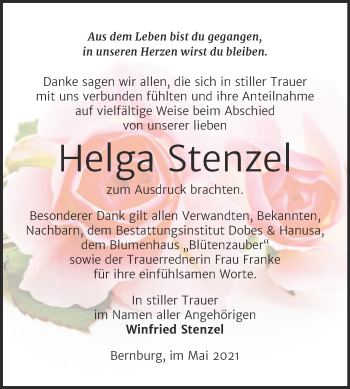 Traueranzeige von Helga Stenzel von Trauerkombi Bernburg