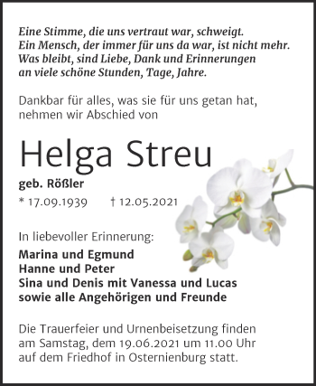 Traueranzeige von Helga Streu von Trauerkombi Köthen