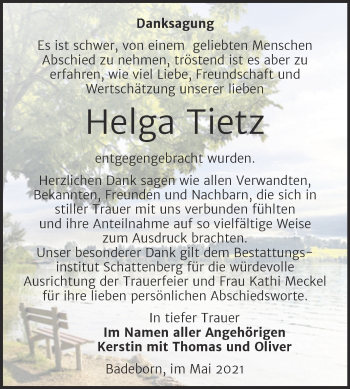 Traueranzeige von Helga Tietz von Trauerkombi Quedlinburg