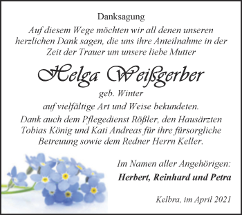 Traueranzeige von Helga Weißberger von Trauerkombi Sangerhausen