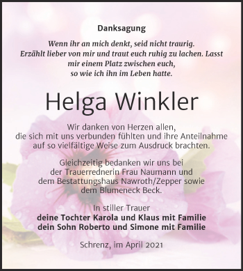 Traueranzeige von Helga Winkler von Trauerkombi Bitterfeld