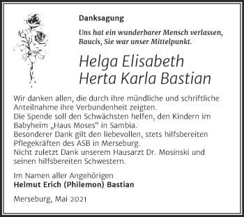 Traueranzeige von Helga Elisabeth Herta Karla Bastian von Trauerkombi Merseburg