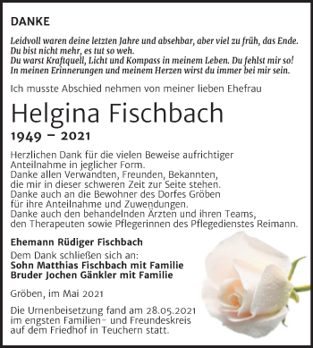 Traueranzeige von Helgina Fischbach von Trauerkombi Weißenfels
