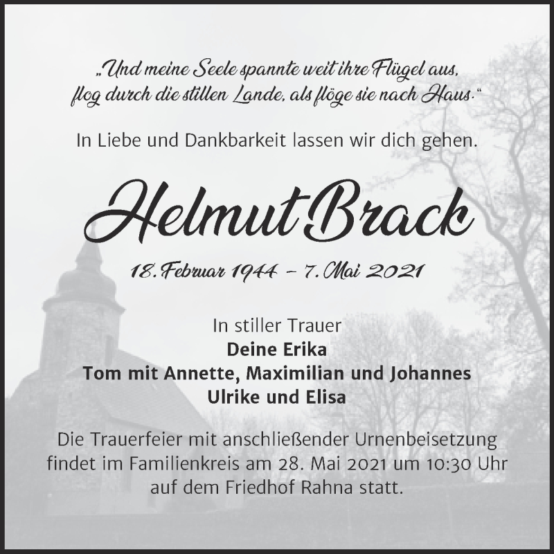 Traueranzeige für Helmut Brack vom 22.05.2021 aus Trauerkombi Weißenfels