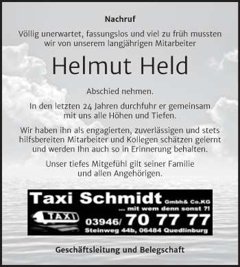 Traueranzeige von Helmut Held von Super Sonntag Quedlingburg