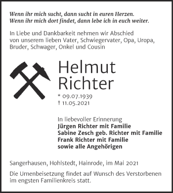 Traueranzeige von Helmut Richter von Trauerkombi Sangerhausen