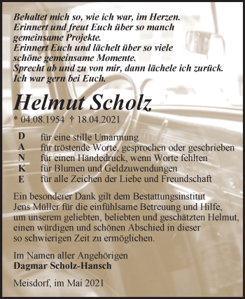 Traueranzeige von Helmut Scholz von Trauerkombi Quedlinburg
