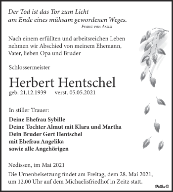 Traueranzeige von Herbert Hentschel von Trauerkombi Zeitz