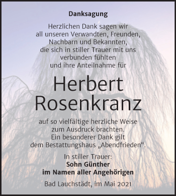 Traueranzeige von Herbert Rosenkranz von Trauerkombi Merseburg