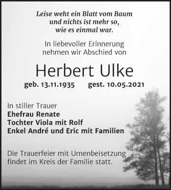 Traueranzeige von Herbert Ulke von Trauerkombi Bitterfeld