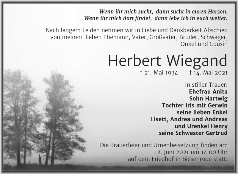  Traueranzeige für Herbert Wiegand vom 20.05.2021 aus Trauerkombi Mansfelder Land