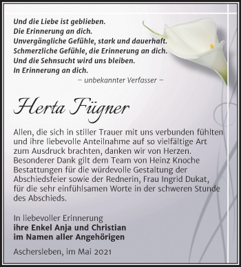 Traueranzeige von Herta Fügner von Trauerkombi Aschersleben