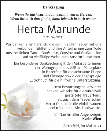 Traueranzeige von Herta Marunde von Trauerkombi Bitterfeld