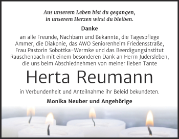 Traueranzeige von Herta Reumann von Naumburger Tageblatt