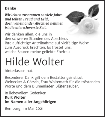 Traueranzeige von Hilde Wolter von Trauerkombi Bernburg
