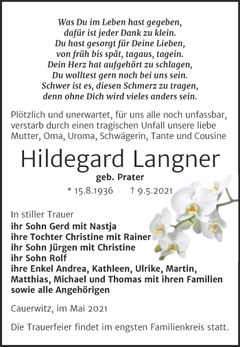 Traueranzeige von Hildegard Langner von Wochenspiegel Naumburg/Nebra