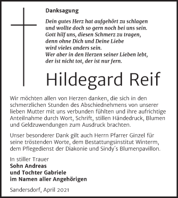 Traueranzeige von Hildegard Reif von Trauerkombi Bitterfeld