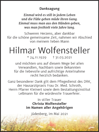 Traueranzeige von Hilmar Wolfensteller von Trauerkombi Wittenberg