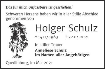 Traueranzeige von Holger Schulz von Trauerkombi Quedlinburg