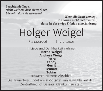 Traueranzeige von Holger Weigel von Trauerkombi Dessau