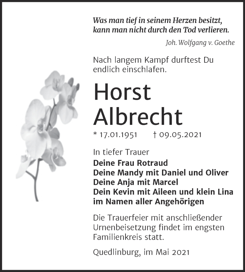  Traueranzeige für Horst Albrecht vom 15.05.2021 aus Trauerkombi Aschersleben