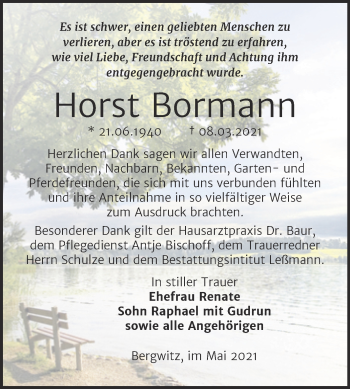 Traueranzeige von Horst Bormann von Trauerkombi Wittenberg