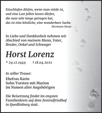Traueranzeige von Horst Lorenz von Trauerkombi Quedlinburg