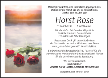 Traueranzeige von Horst Rose von Trauerkombi Sangerhausen