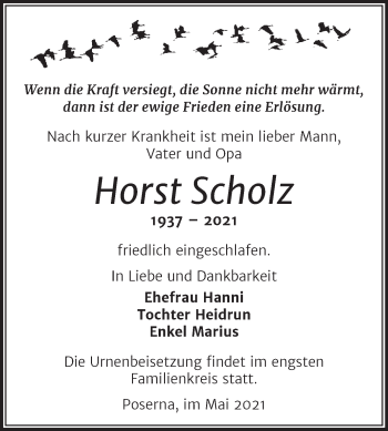 Traueranzeige von Horst Scholz von Trauerkombi Weißenfels