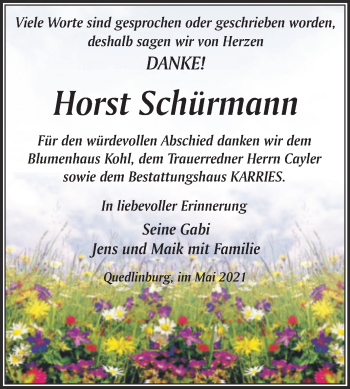 Traueranzeige von Horst Schürmann von Trauerkombi Quedlinburg