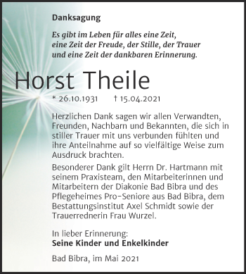 Traueranzeige von Horst Theile von Wochenspiegel Naumburg/Nebra