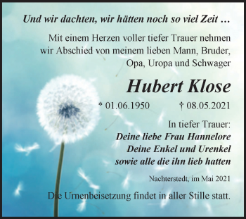 Traueranzeige von Hubert Klose von Trauerkombi Aschersleben