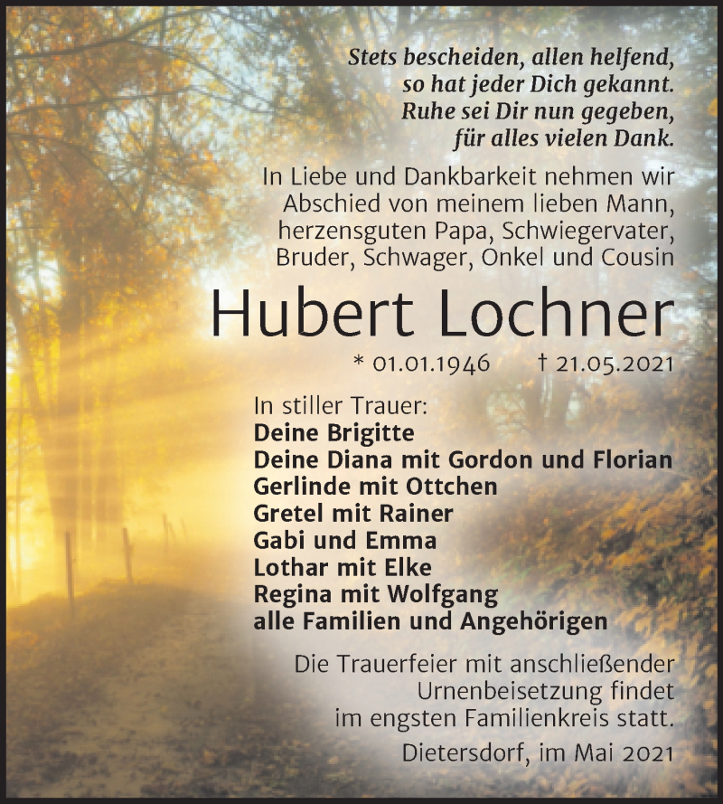  Traueranzeige für Hubert Lochner vom 29.05.2021 aus Trauerkombi Sangerhausen