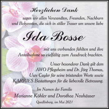 Traueranzeige von Ida Bosse von Trauerkombi Quedlinburg