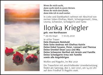 Traueranzeige von Ilonka Kriegler von Trauerkombi Bitterfeld